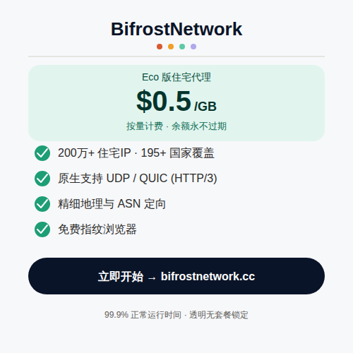 BifrostNetwork · 住宅代理 $0.5/GB,原生UDP/QUI